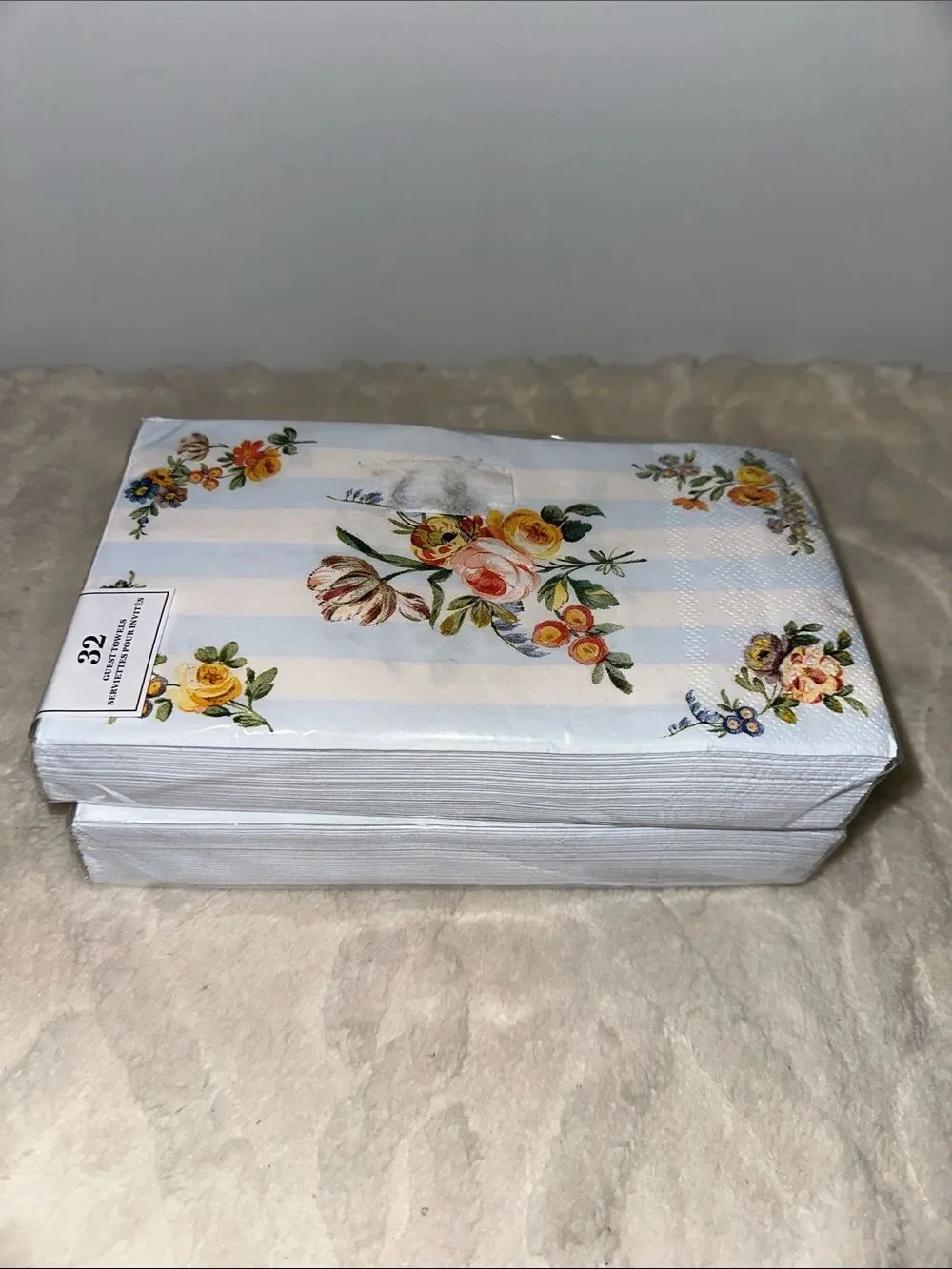 Punch Studio 32 x 2pk Guest Paper Towel Napkins White Blue Floral Stripe Print